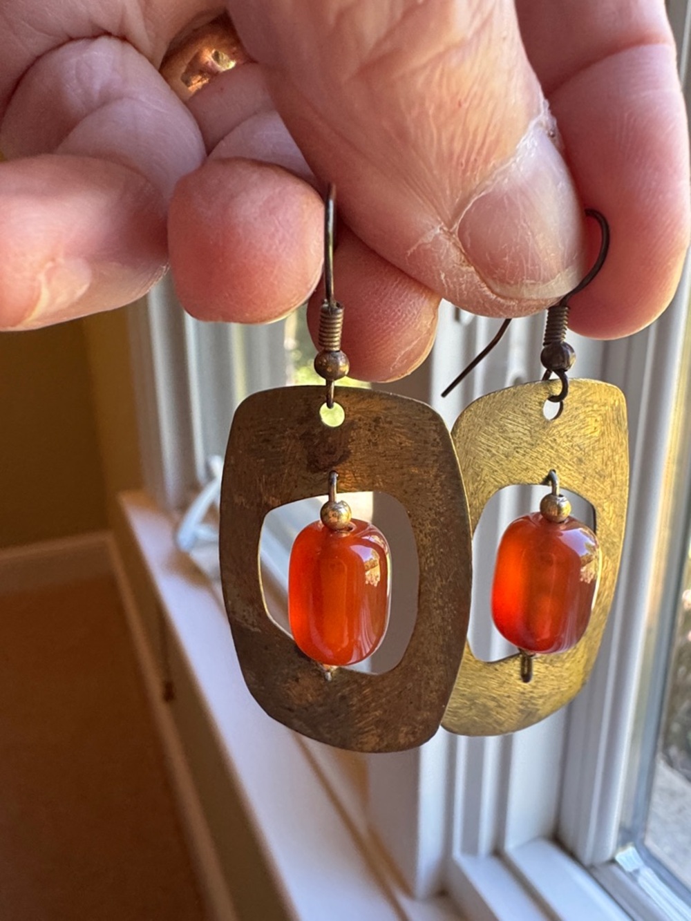 Naturally aged Brass Drop Earrings with Orange Glass Beads